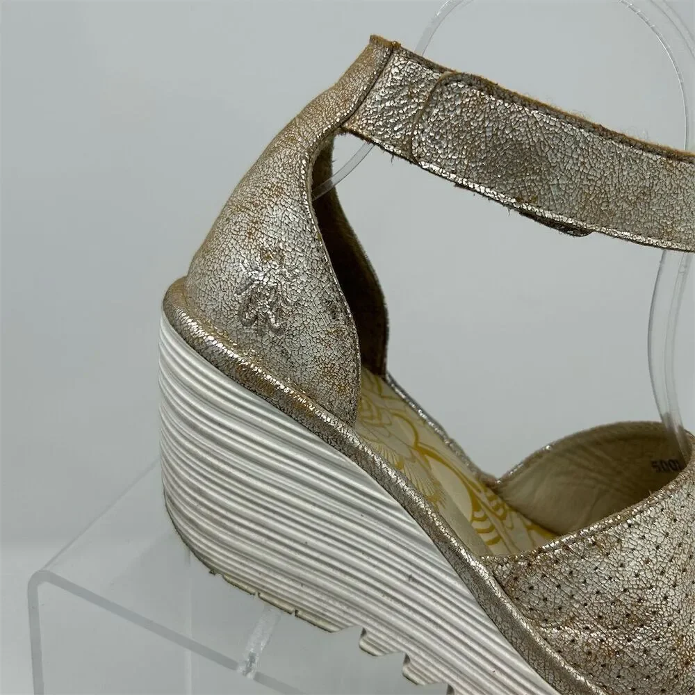 Fly London Women's Gold Wedge Sandals Size 37 (US 6-6.5) Adjustable Strap